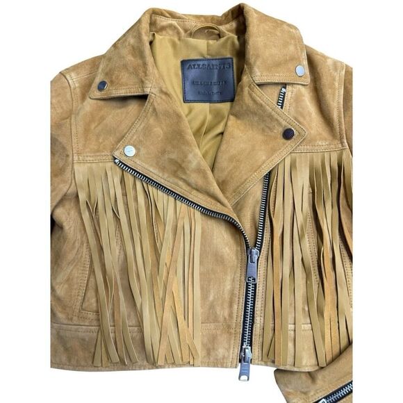 All Saints Tassel Fringe Cropped Genuine Suede Leather Biker Jacket sz 2 US - Picture 8 of 16